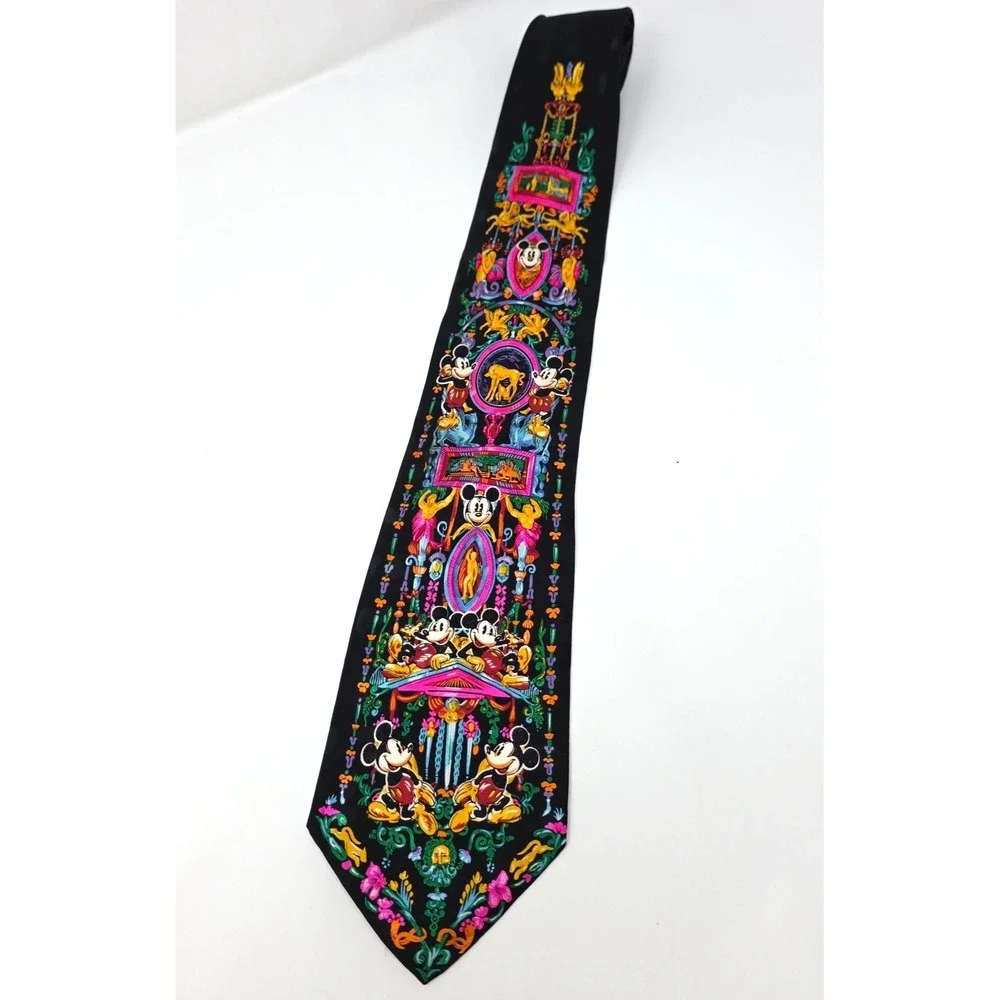 The Disney Store Tie Mens Black Silk Mickey Mouse Print Classic Handmade Vintage